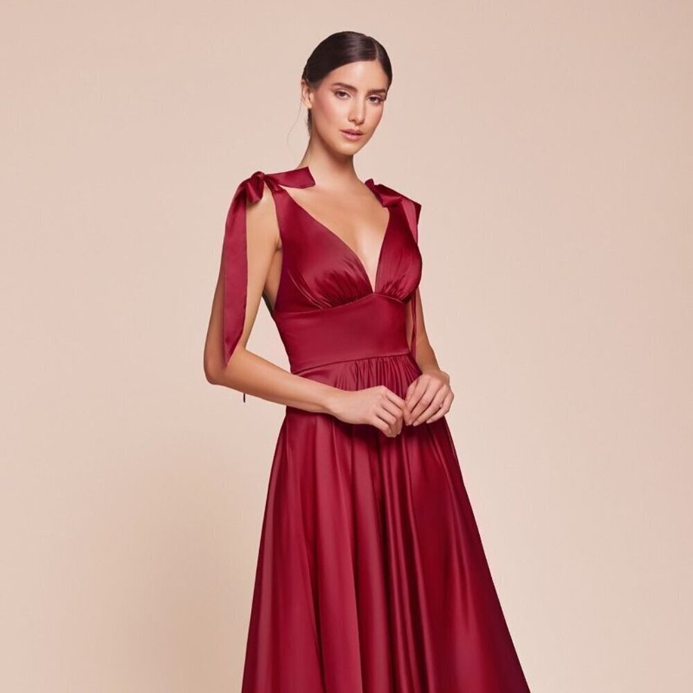 NEW FORMAL SLEEVELESS SATIN MIDI GOWN W/ TIE STRAPS & GATHERED 7499